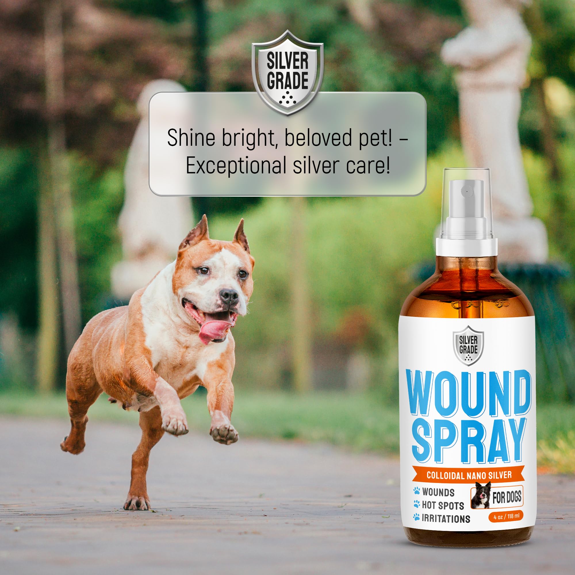 Silver Grade dog wound spray packaging showcases compact 4 oz size for travel