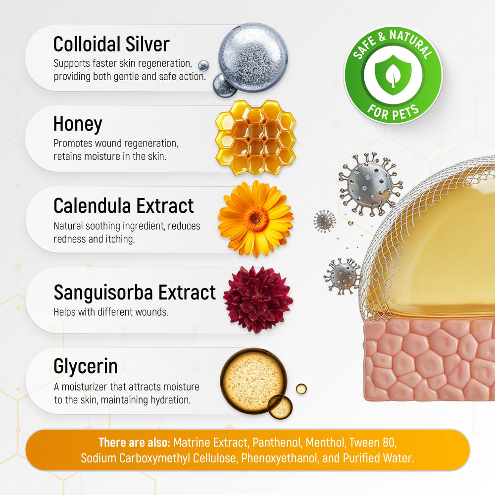 Silver Grade pet wound care application demonstrates easy gel application on irritated skin.