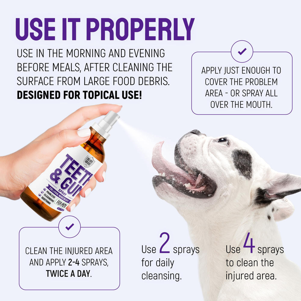 SILVER GRADE tartar removal spray for dogs and cats brightens smiles.