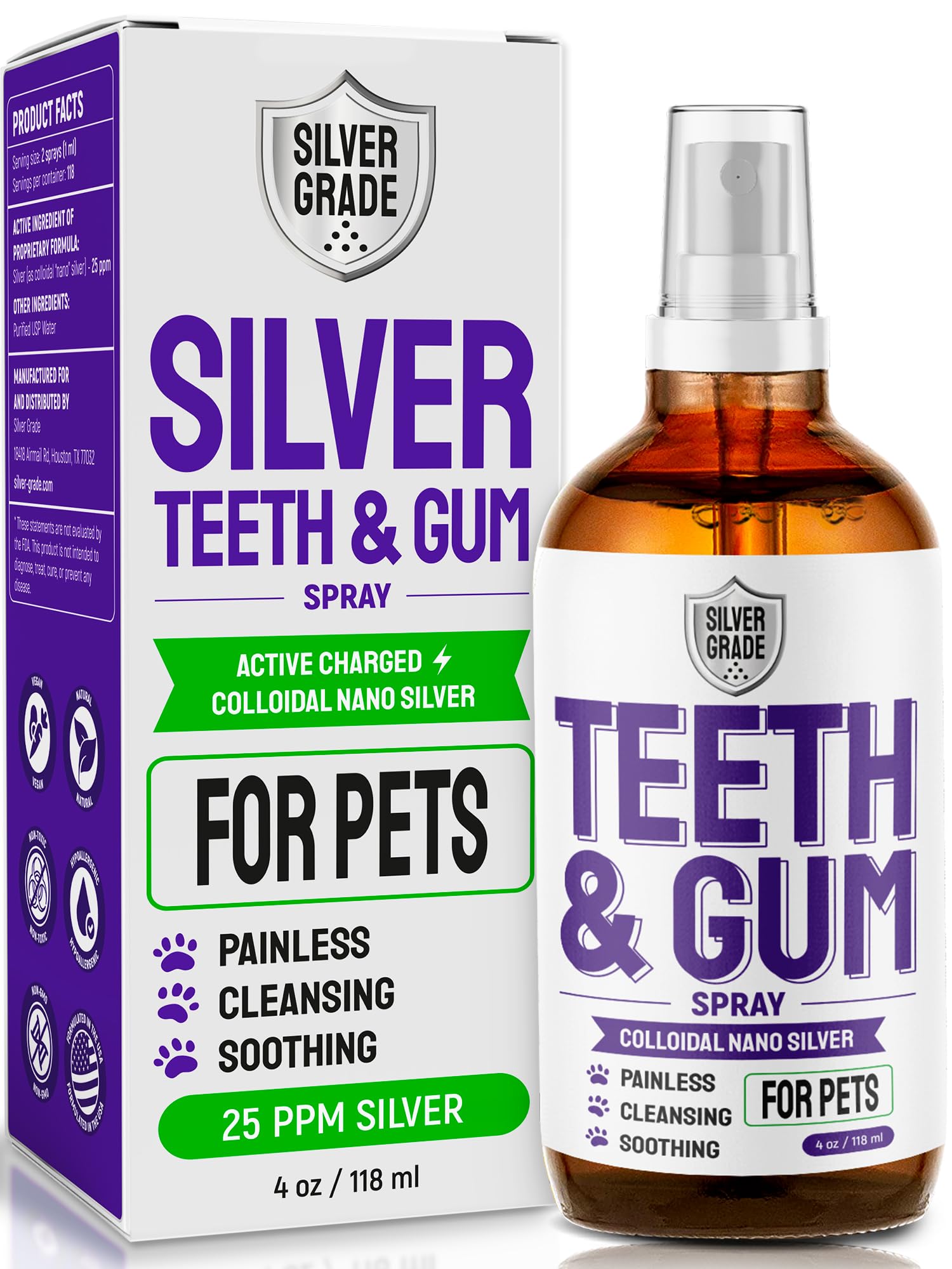 SILVER GRADE teeth and gum spray bottle for daily dog dental care and fresh breath.