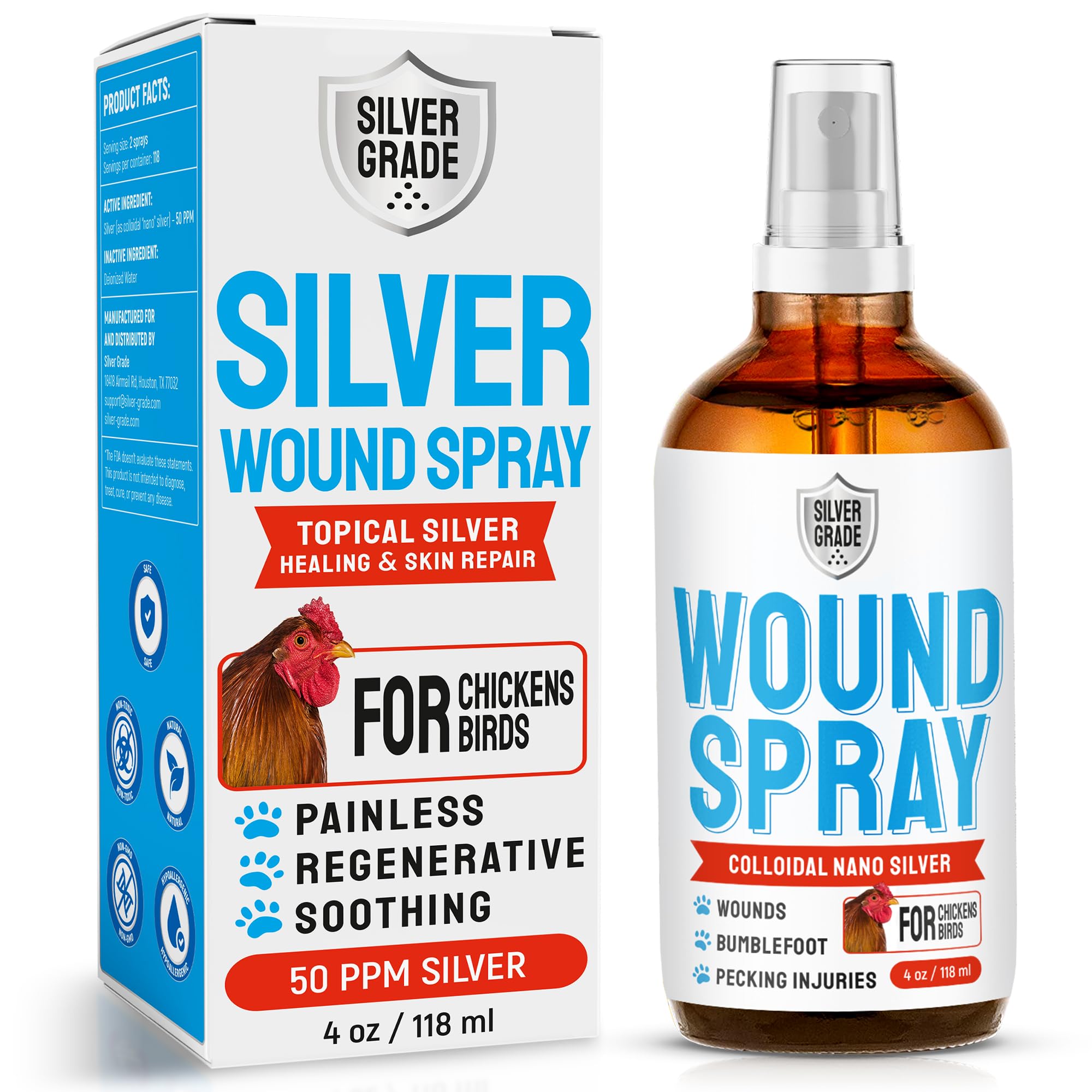 SILVER GRADE Wound Spray chicken bottle-front for easy at-home care.