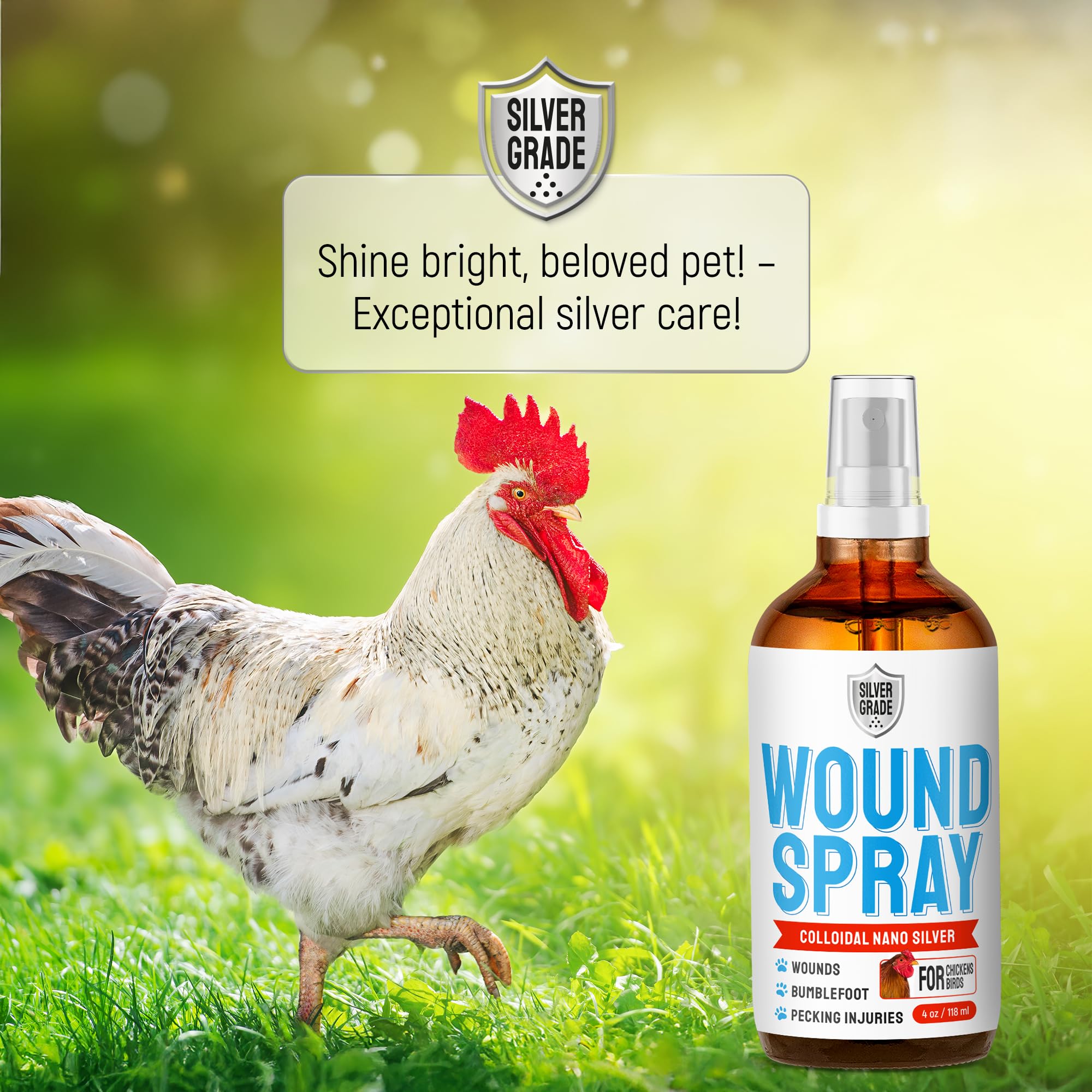 SILVER GRADE Wound Spray in-use on chicken coop demonstrates convenient application.