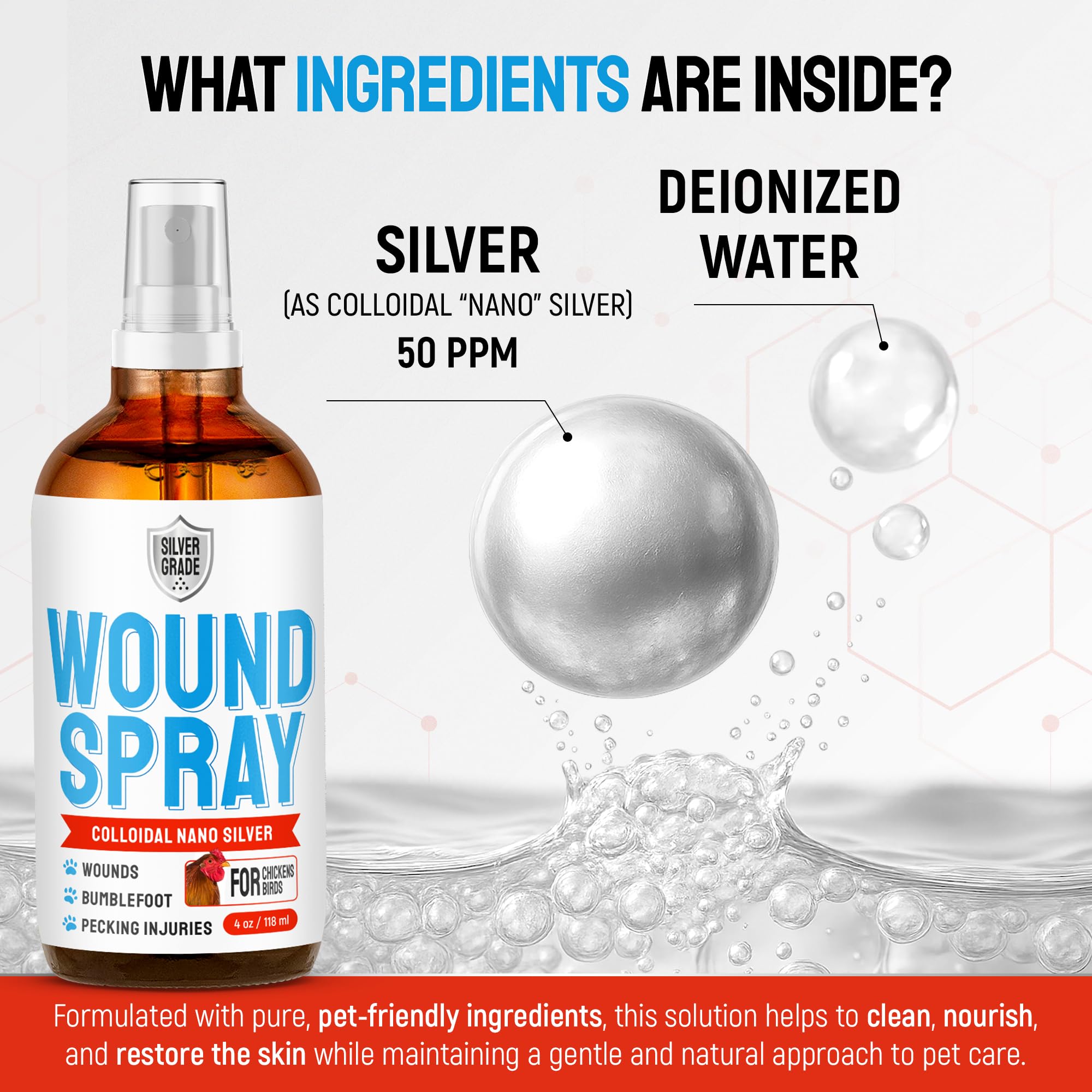SILVER GRADE Wound Spray ingredients-label highlights nano-silver and deionized water.