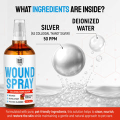 SILVER GRADE Wound Spray ingredients-label highlights nano-silver and deionized water.
