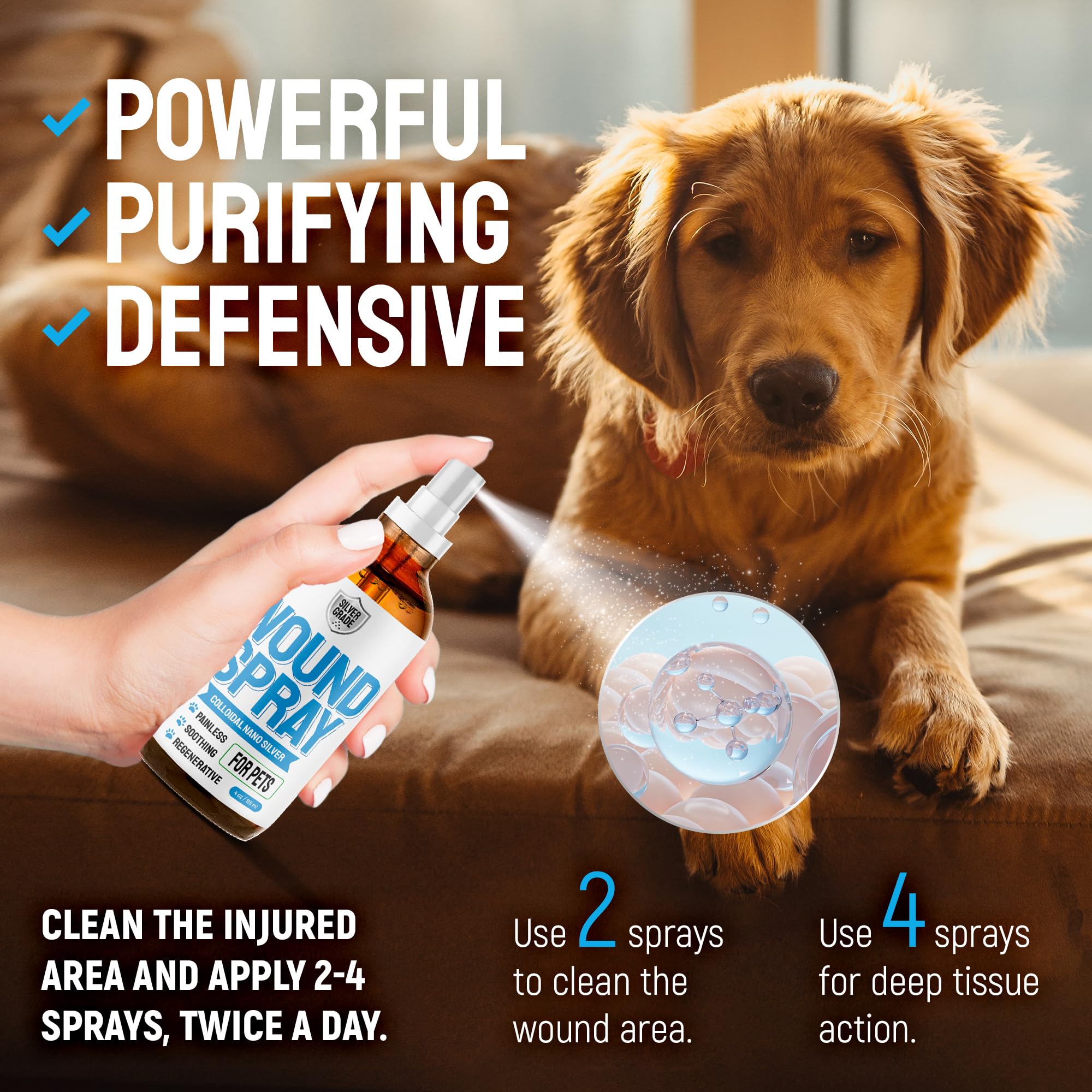Silver Grade Wound Spray demonstrates quick absorption into the skin.