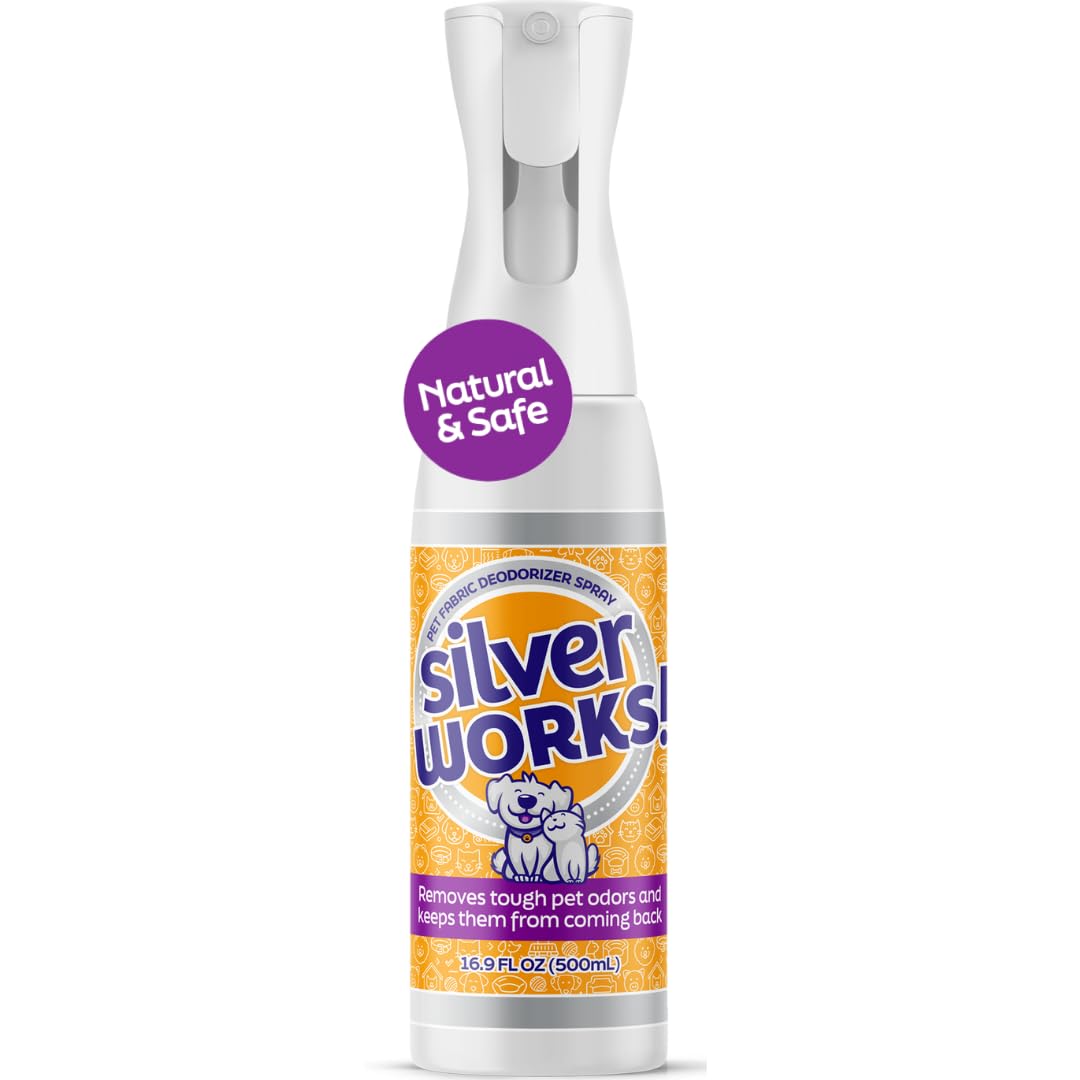SilverWorks! Pet Odor Eliminator Spray bottle demonstrates home freshness with silver ion deodorization.