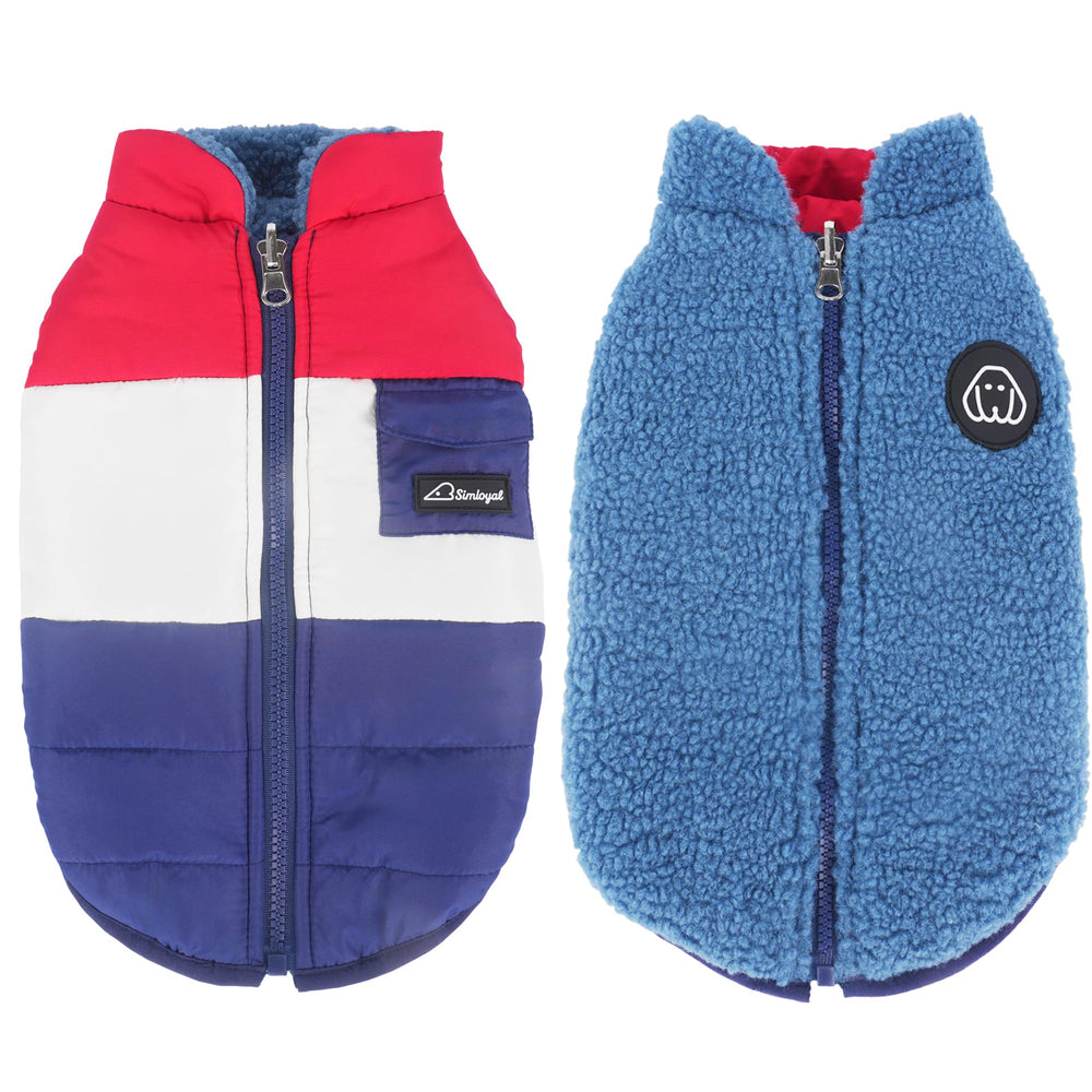 Simloyal warm dog coat outer view shows reversible design for versatile styling