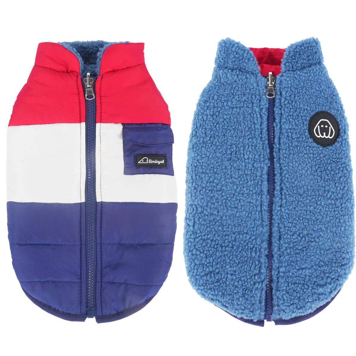 Simloyal warm dog coat outer view shows reversible design for versatile styling