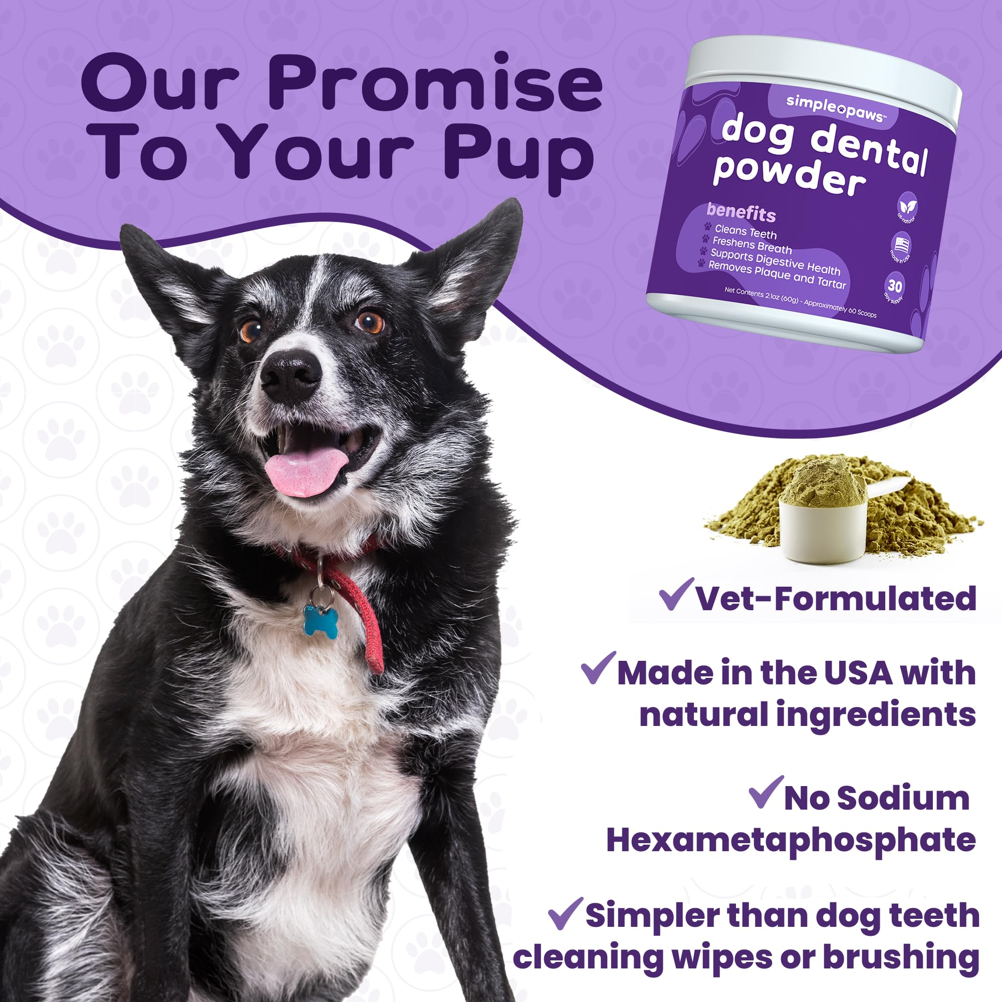 Simple Paws 60-scoop-pack view signals long-lasting daily dental care.