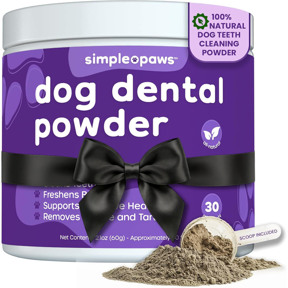 Simple Paws dental powder tub closeup highlighting easy daily dental care with probiotics.
