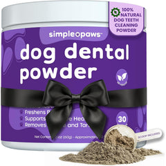 Simple Paws dental powder tub closeup highlighting easy daily dental care with probiotics.