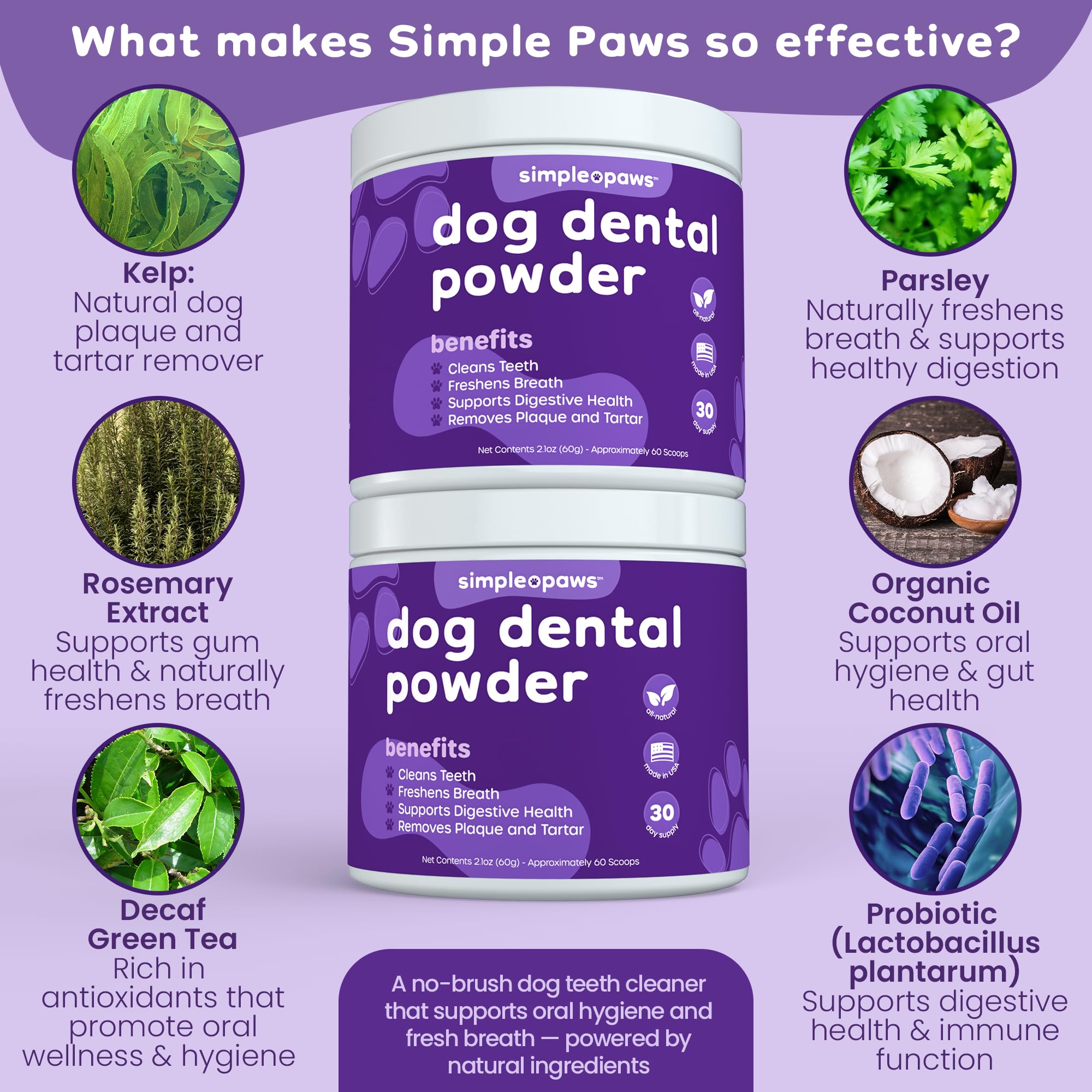 Simple Paws probiotics-dog-health visuals emphasize oral wellness and digestion support.