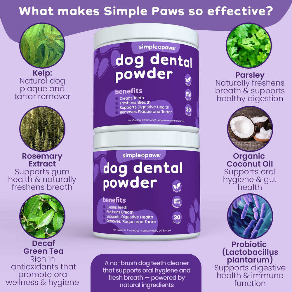 Simple Paws probiotics-dog-health visuals emphasize oral wellness and digestion support.