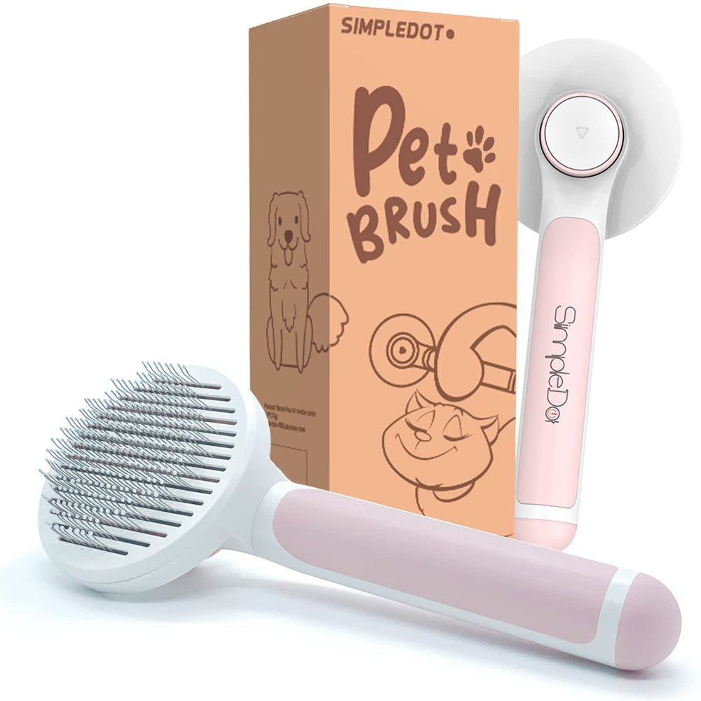 SimpleDot pink self-cleaning button brush highlighting easy hair removal for pets