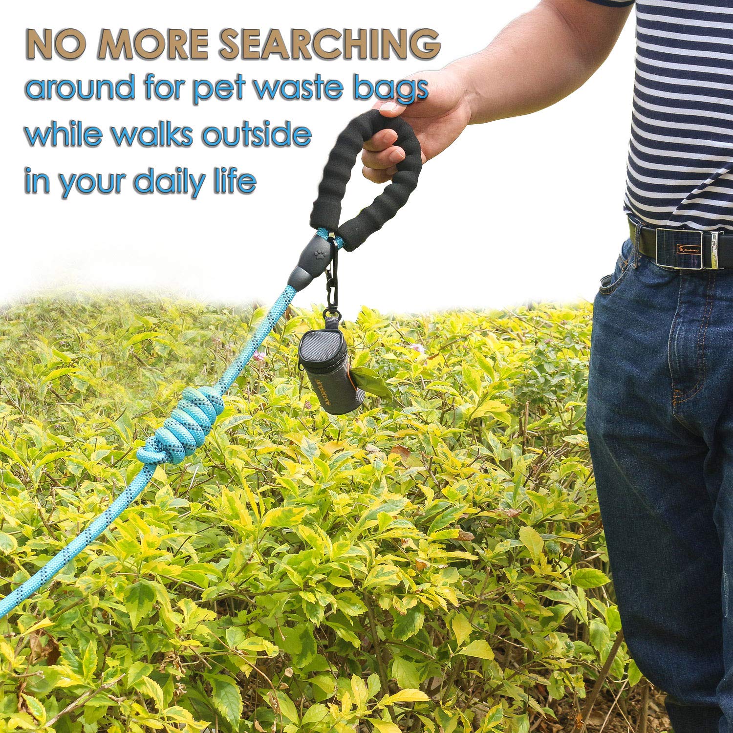 simpletome leash buckle attachment secures to harness or waist belt for hands-free walks.