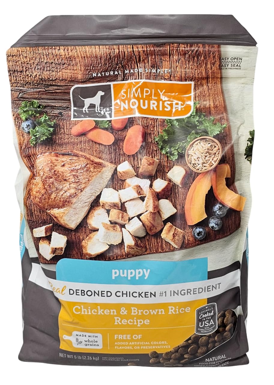 SIMPLY NOURISH puppy chicken-brown-rice kibble in bowl supports growing energy