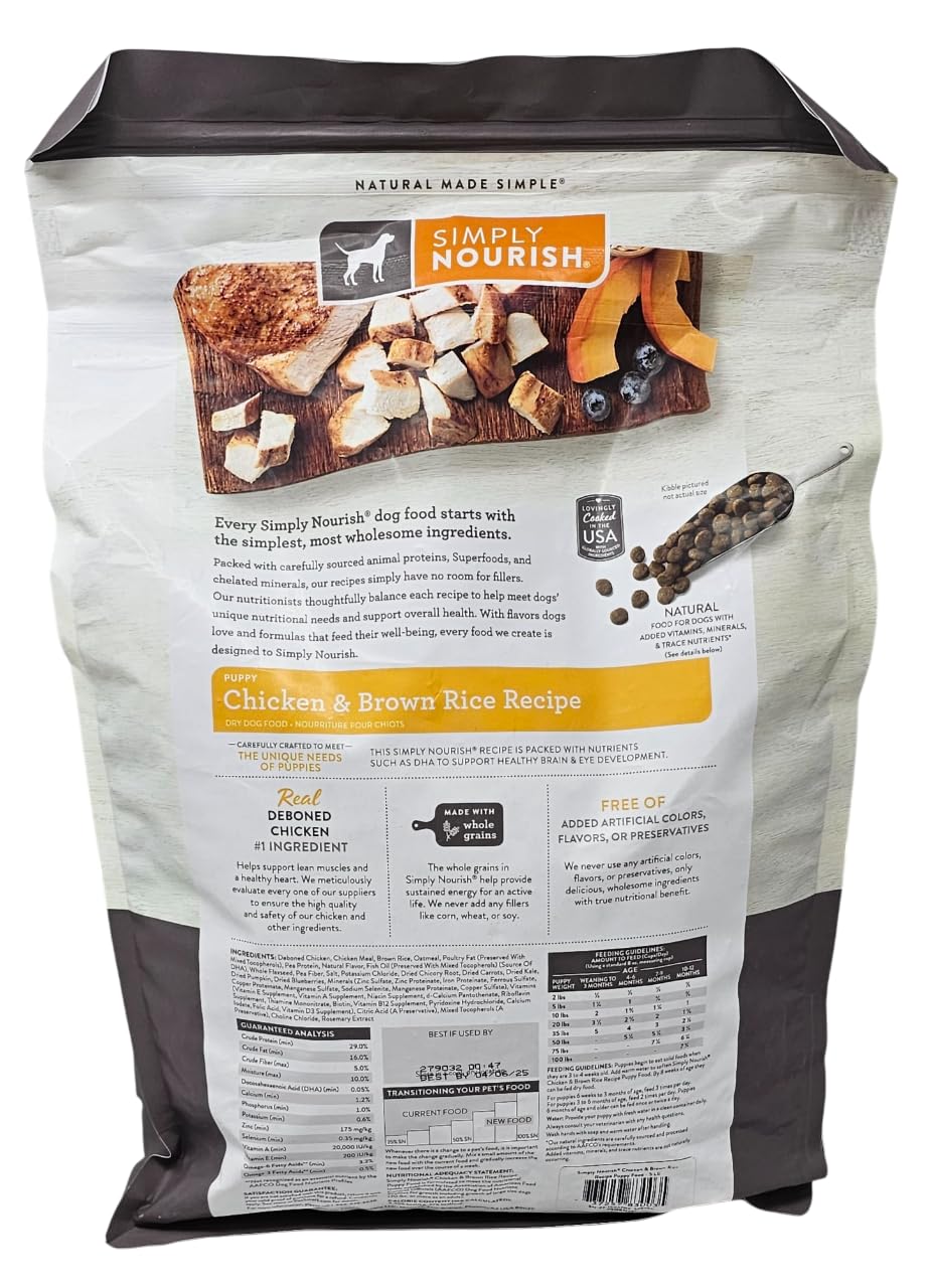 SIMPLY NOURISH deboned chicken first ingredient signals high-quality protein for puppies