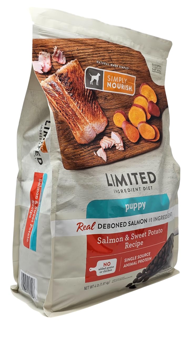 SIMPLY NOURISH resealable bag stores kibble freshness for growing puppies.