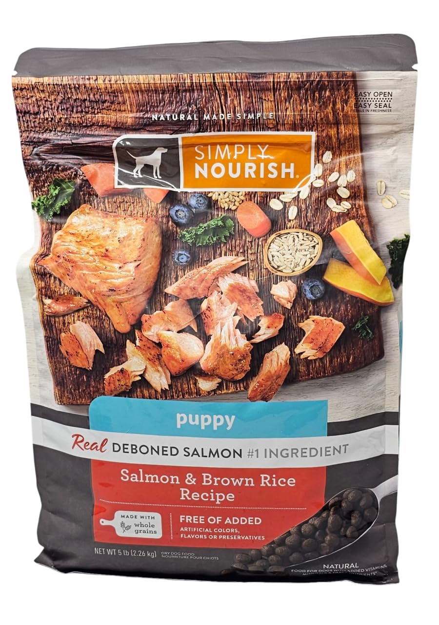 SIMPLY NOURISH puppy salmon brown rice dry food 5lb bag supports healthy growth.