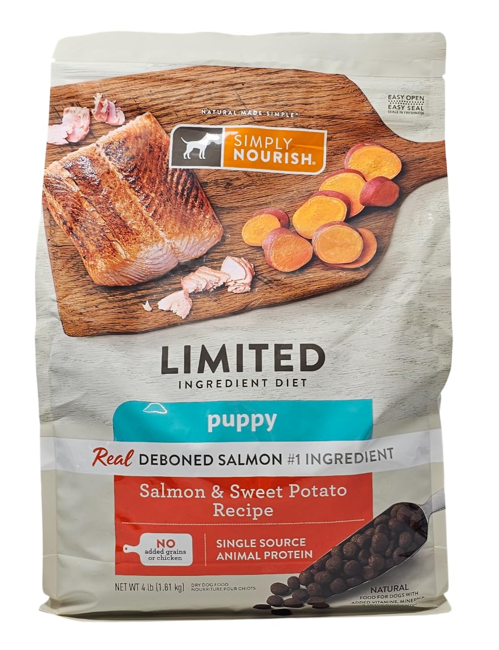 SIMPLY NOURISH puppy salmon and sweet potato bag on counter highlights limited-ingredient nutrition for puppies.