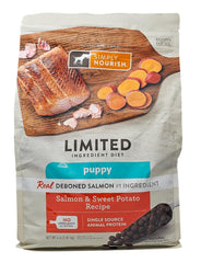 SIMPLY NOURISH puppy salmon and sweet potato bag on counter highlights limited-ingredient nutrition for puppies.