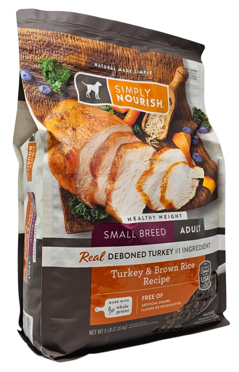 Simply Nourish small-breed dog feeding time scene shows portion-controlled meals for weight maintenance.