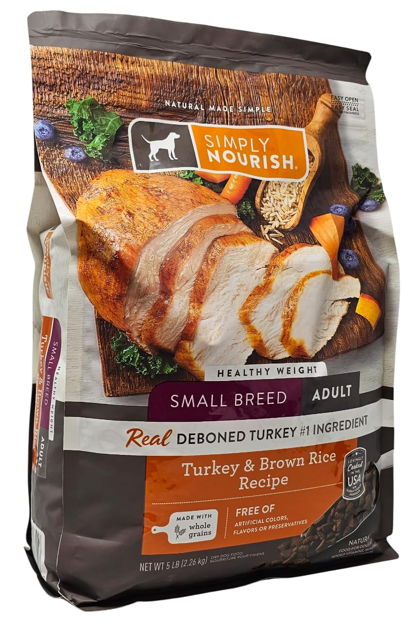 Simply Nourish small-breed healthy-weight serving bowl shows kibble texture for palatability and easy feeding.