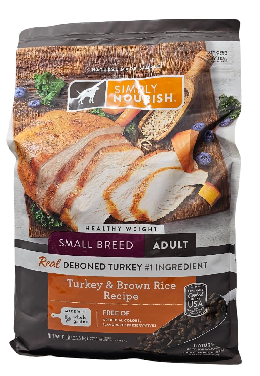 Simply Nourish small-breed healthy-weight turkey brown rice dry dog food bag front supports portion control.