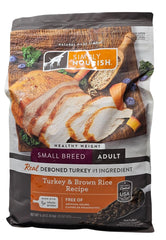 Simply Nourish small-breed healthy-weight turkey brown rice dry dog food bag front supports portion control.