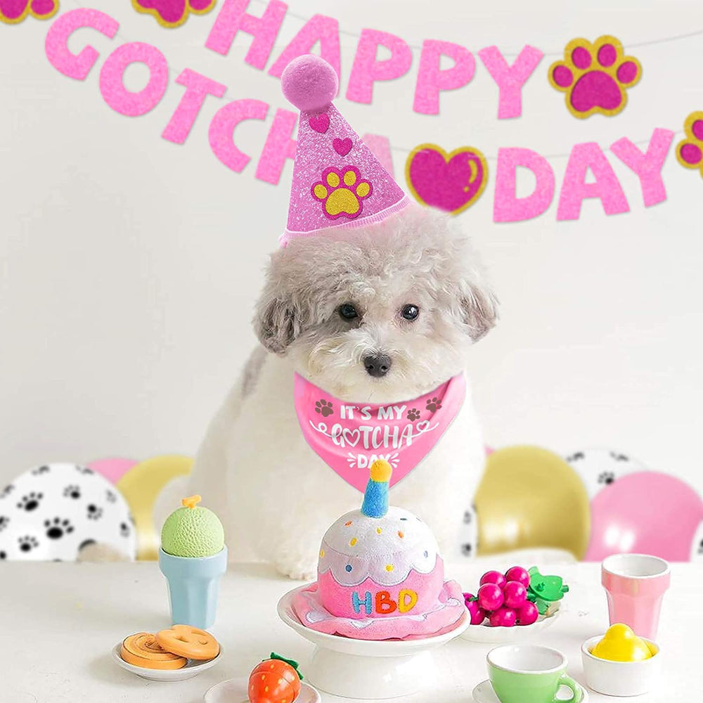 SINFUN pink balloons coordinate with bandana for cute gotcha day decor.