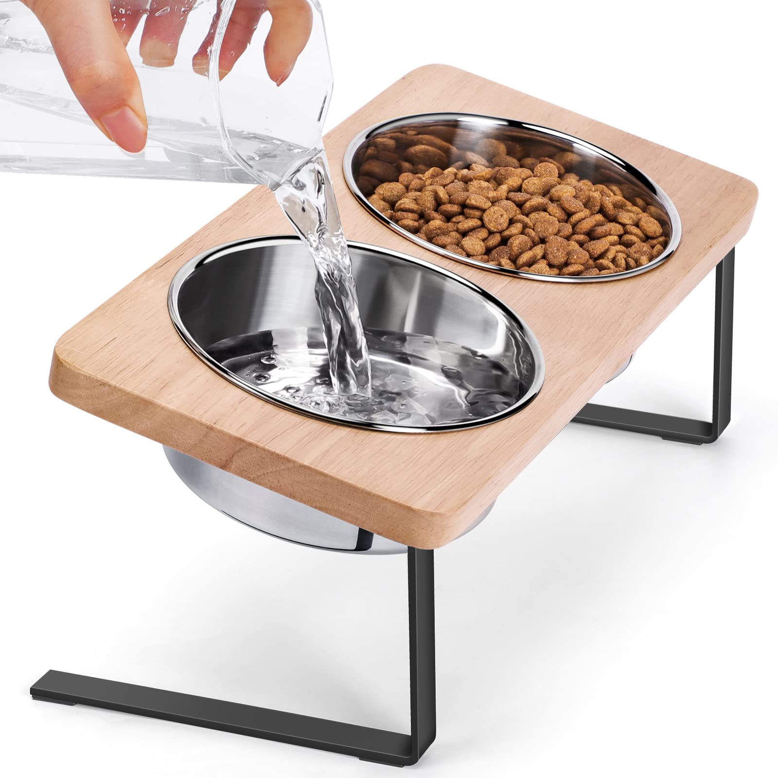 Siooko elevated cat bowls wood stand show sturdy height for improved posture.