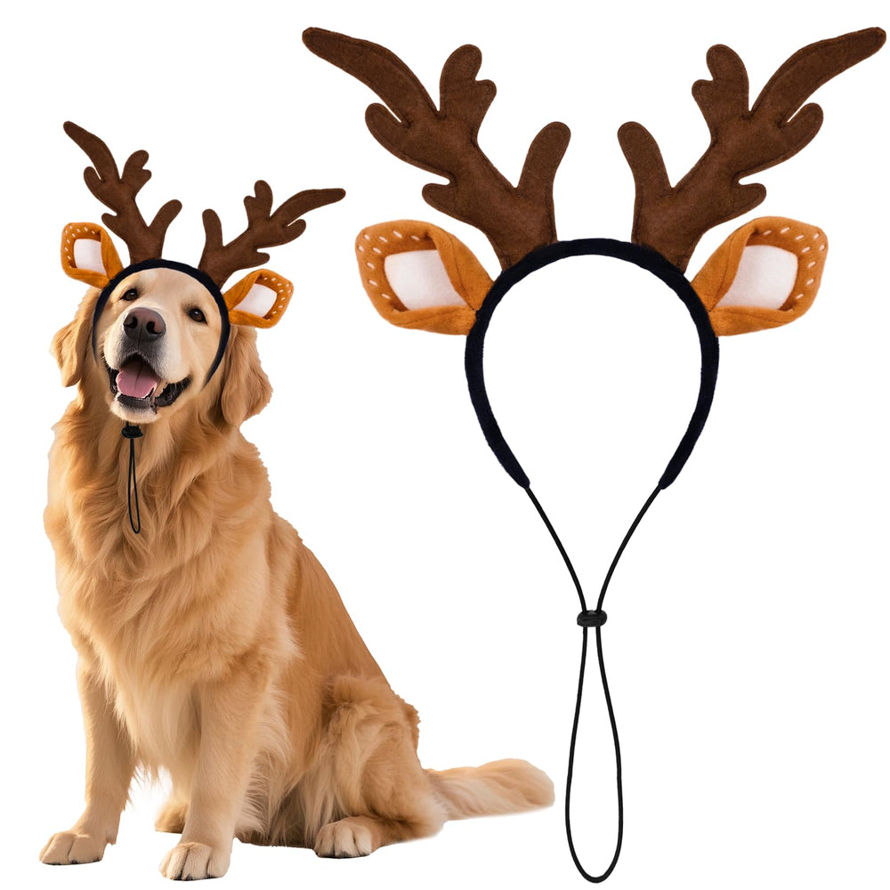 SIOTMERA Christmas dog reindeer antlers headband in brown, cozy fit for photos.