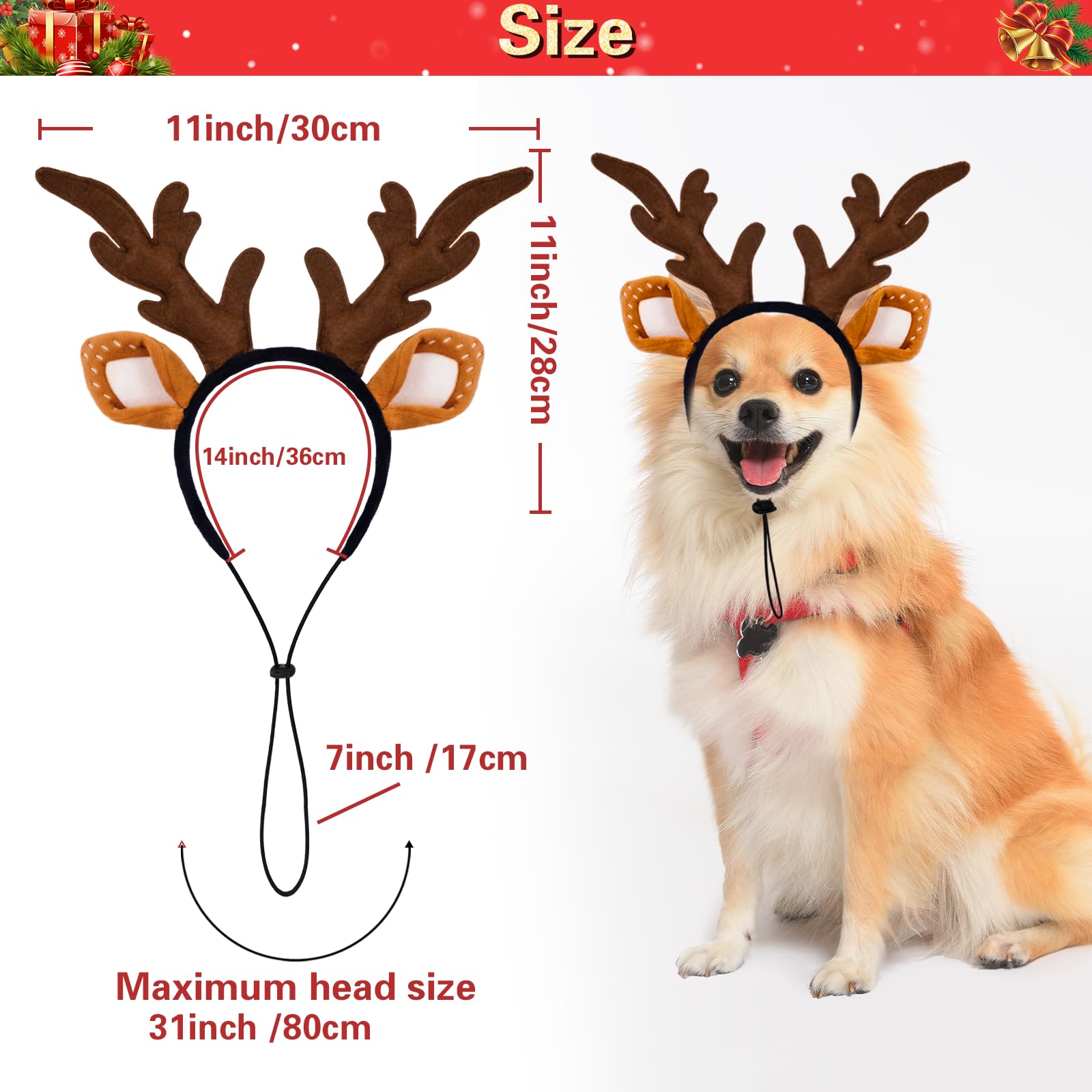 SIOTMERA dog reindeer headband on pet demonstrates secure wear and festive charm.