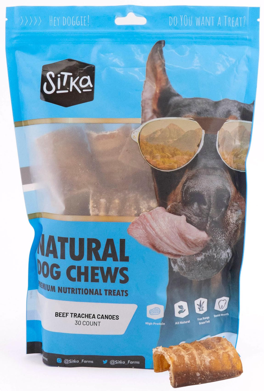Sitka Beef Trachea Canoes 3in split pack for easy small-dog chewing.
