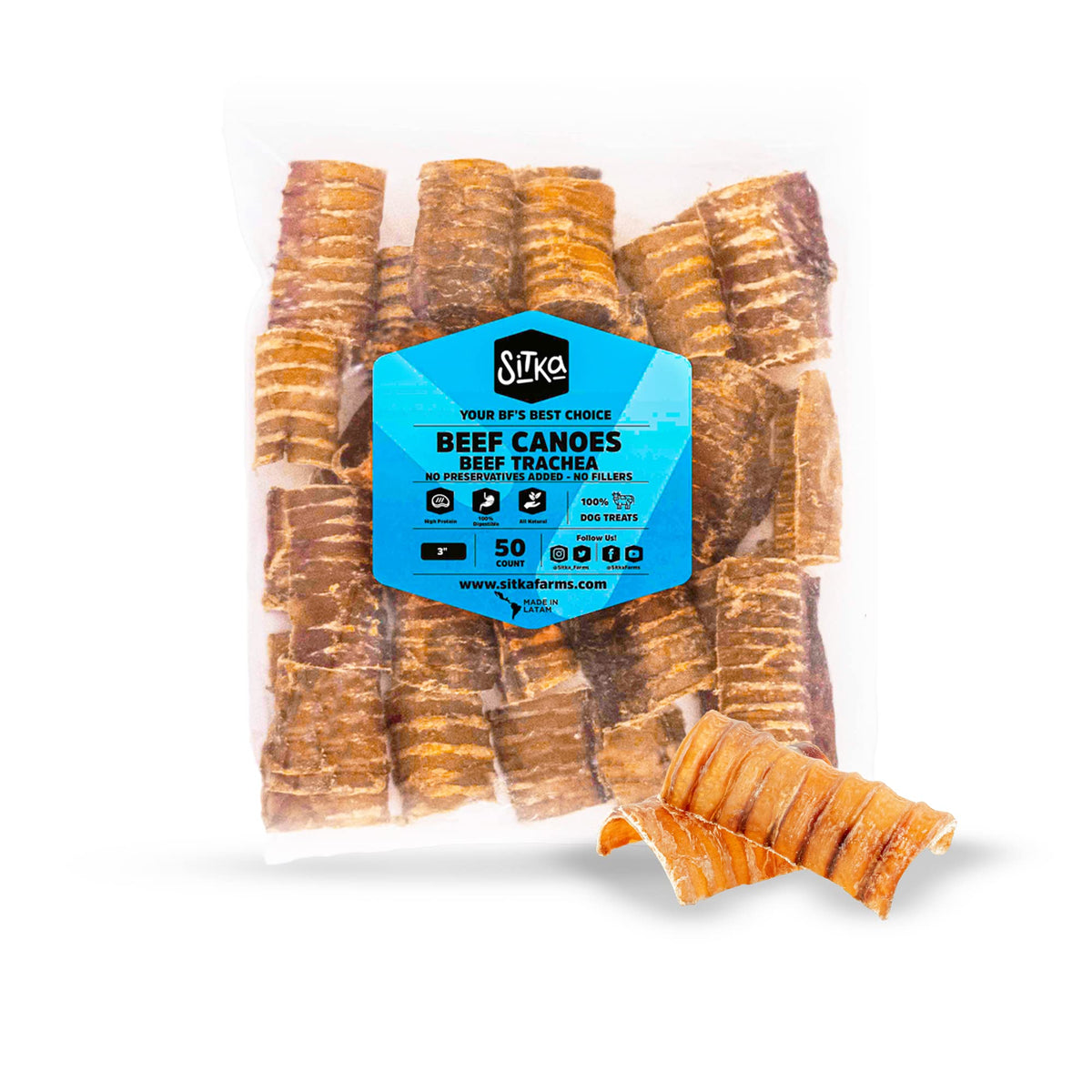 Sitka Farms beef trachea canoes 3inch packaging shows all-natural single-ingredient dog chew for daily chewing