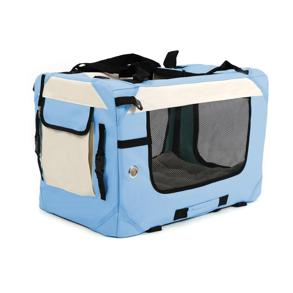 Sivlefoss sky-blue carrier ready for indoor-outdoor use with roomy interior.