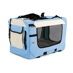 Sivlefoss sky-blue carrier ready for indoor-outdoor use with roomy interior.