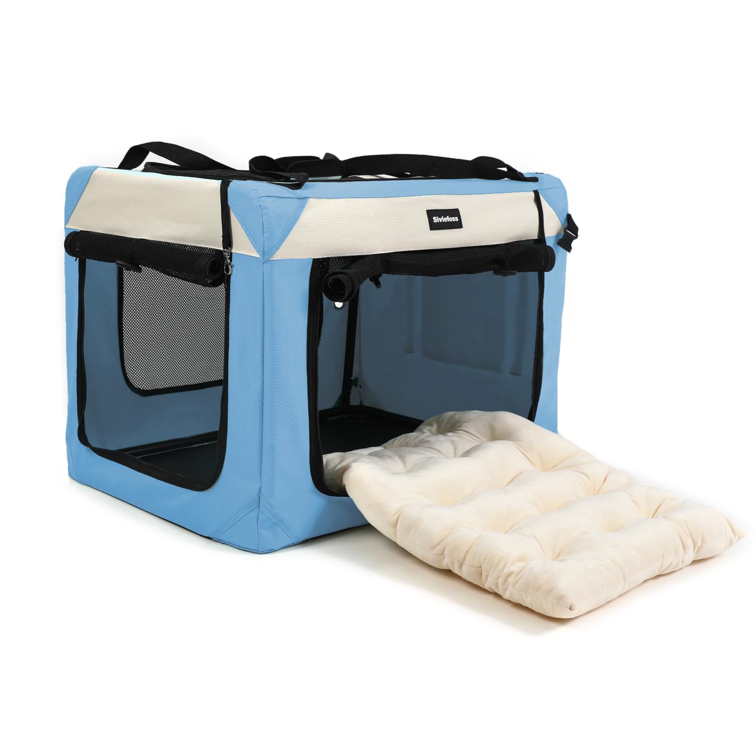 Sivlefoss soft-sided kennel three-doors shows ventilation and easy access for pets.