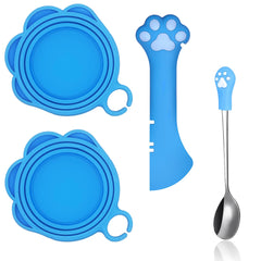 SJANE cat food can lids blue closeup showing universal size fit for freshness.