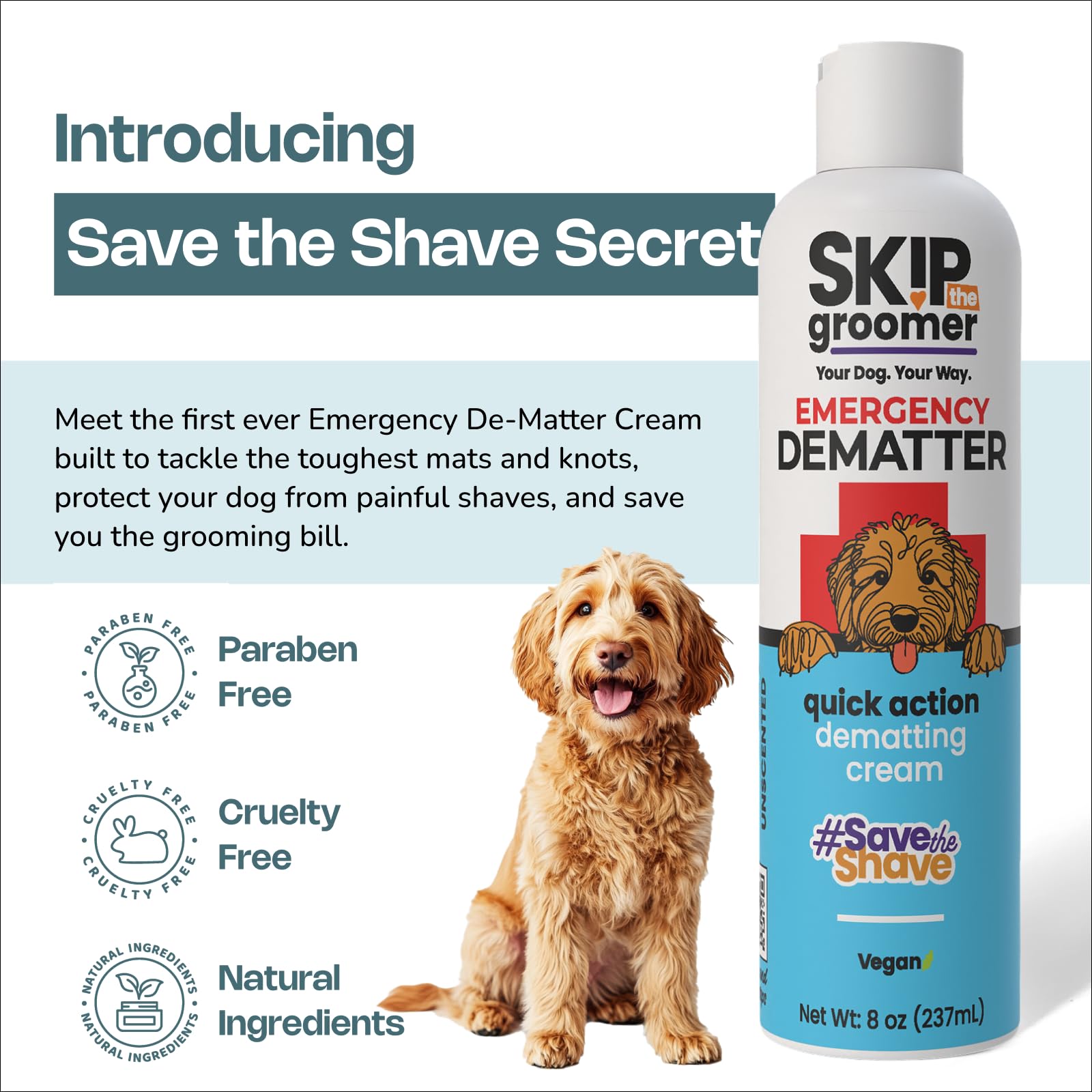 Skip the Groomer emergency dematter application rub shows easy massage into matted fur.