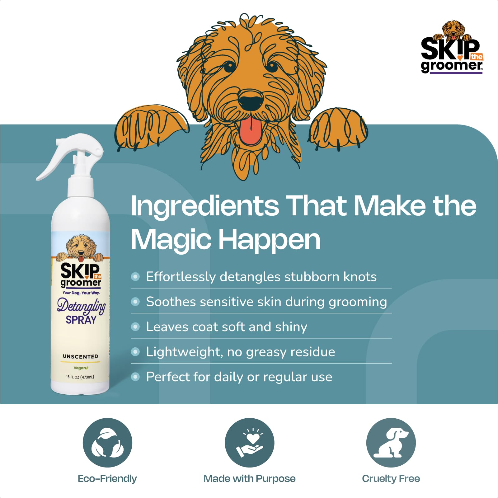 Skip the Groomer lightweight no-residue spray on coat in application