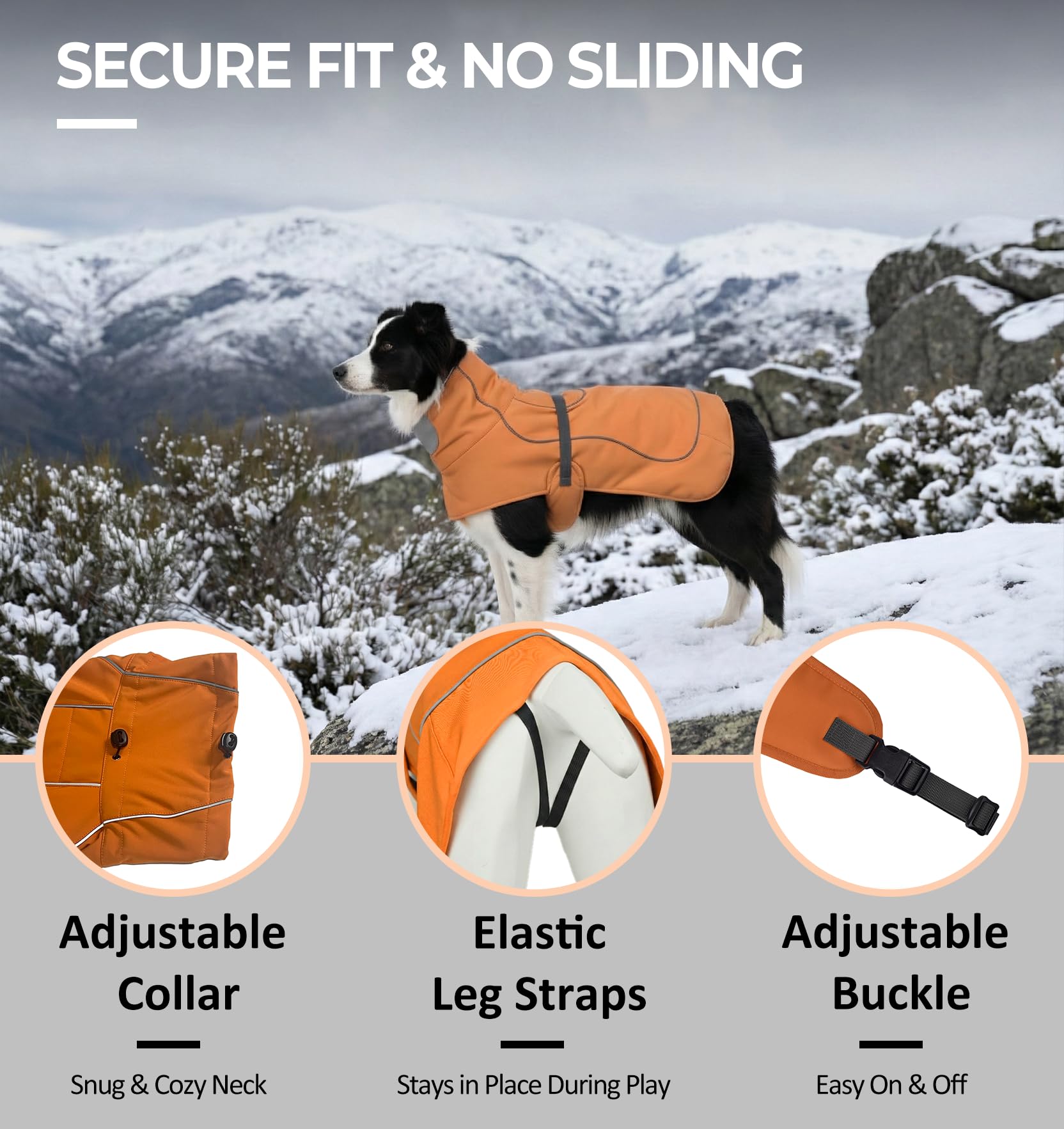SKIPGEAR Softshell Dog Winter Vest Neck-toggle close-up shows adjustable wind protection.