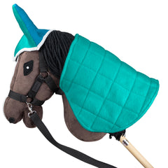 SKIPPI blue fly cover on hobby horse demonstrates protective playwear