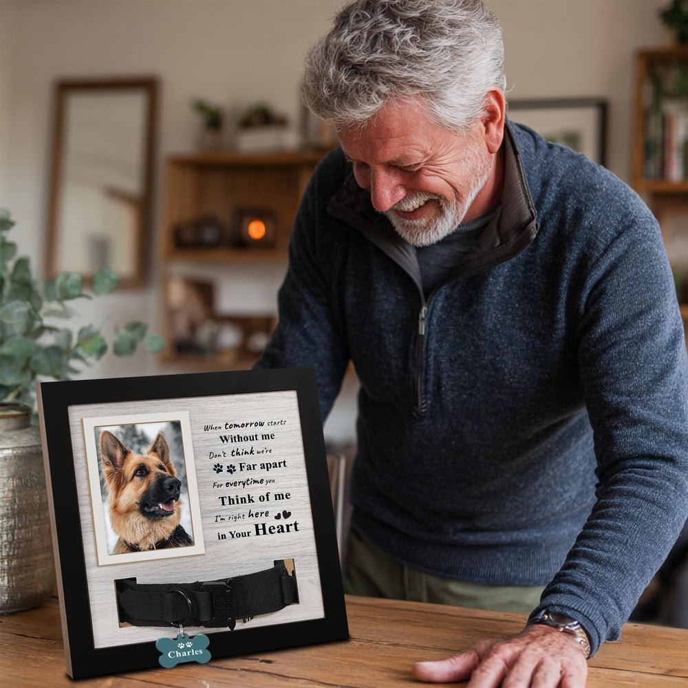 Skittypurr memorial frame on tabletop brightens living room display.