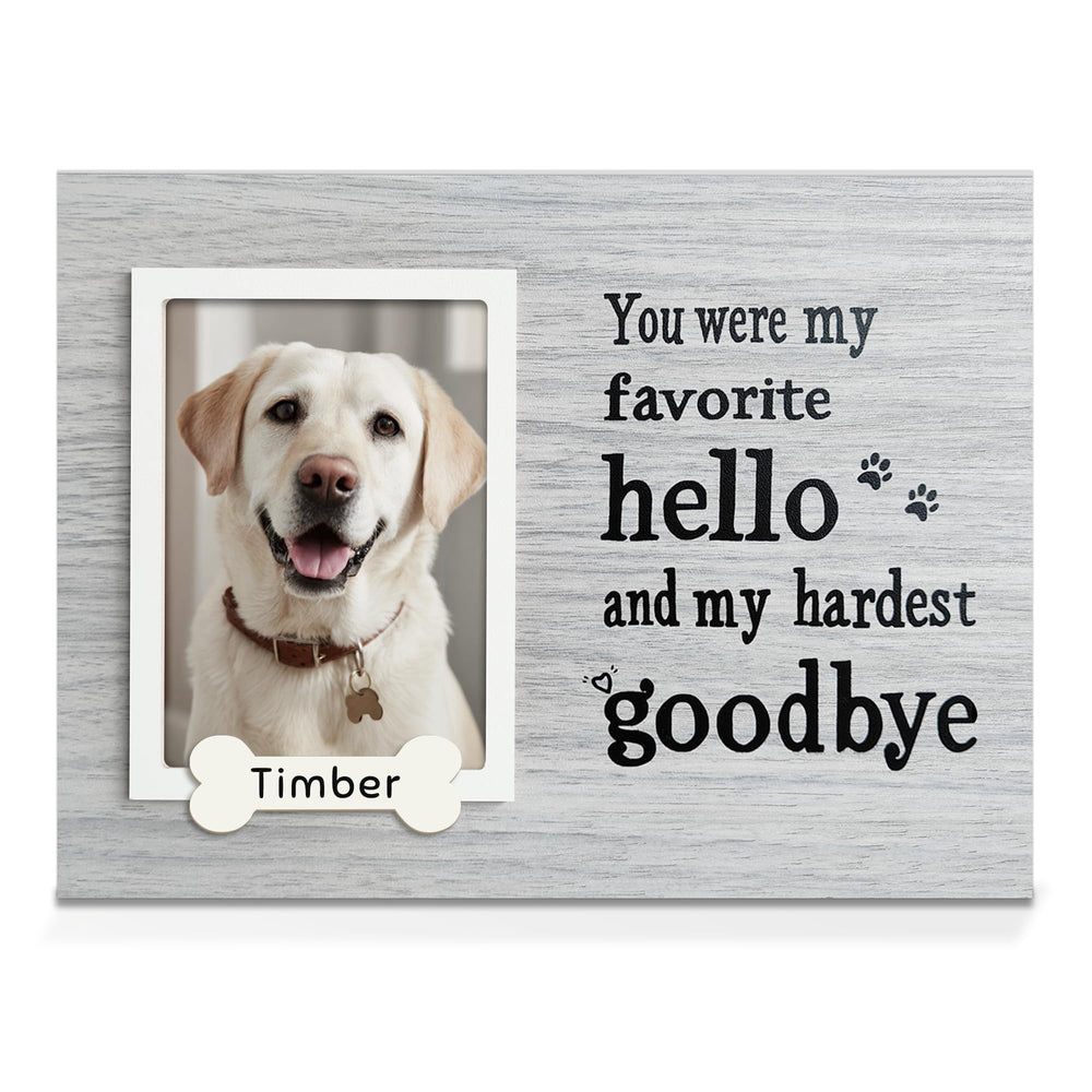 Skittypurr dog memorial frame close-up showing wood texture and heartfelt framing for memories.
