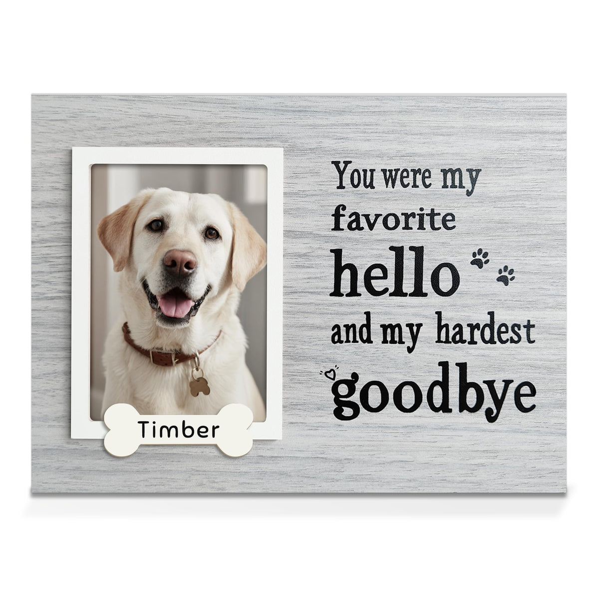 Skittypurr dog memorial frame close-up showing wood texture and heartfelt framing for memories.