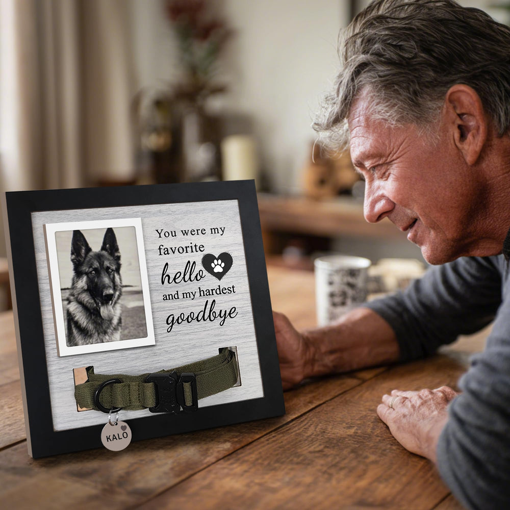 Skittypurr handwritten-script memorial frame includes a personal message area