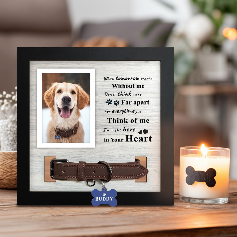 Skittypurr pet memorial frame full view highlights photo and collar.
