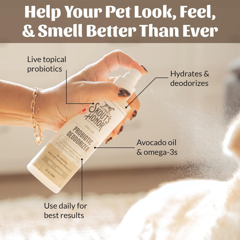 SKOUT'S HONOR 8oz bottle ready for quick deodorizing between baths.