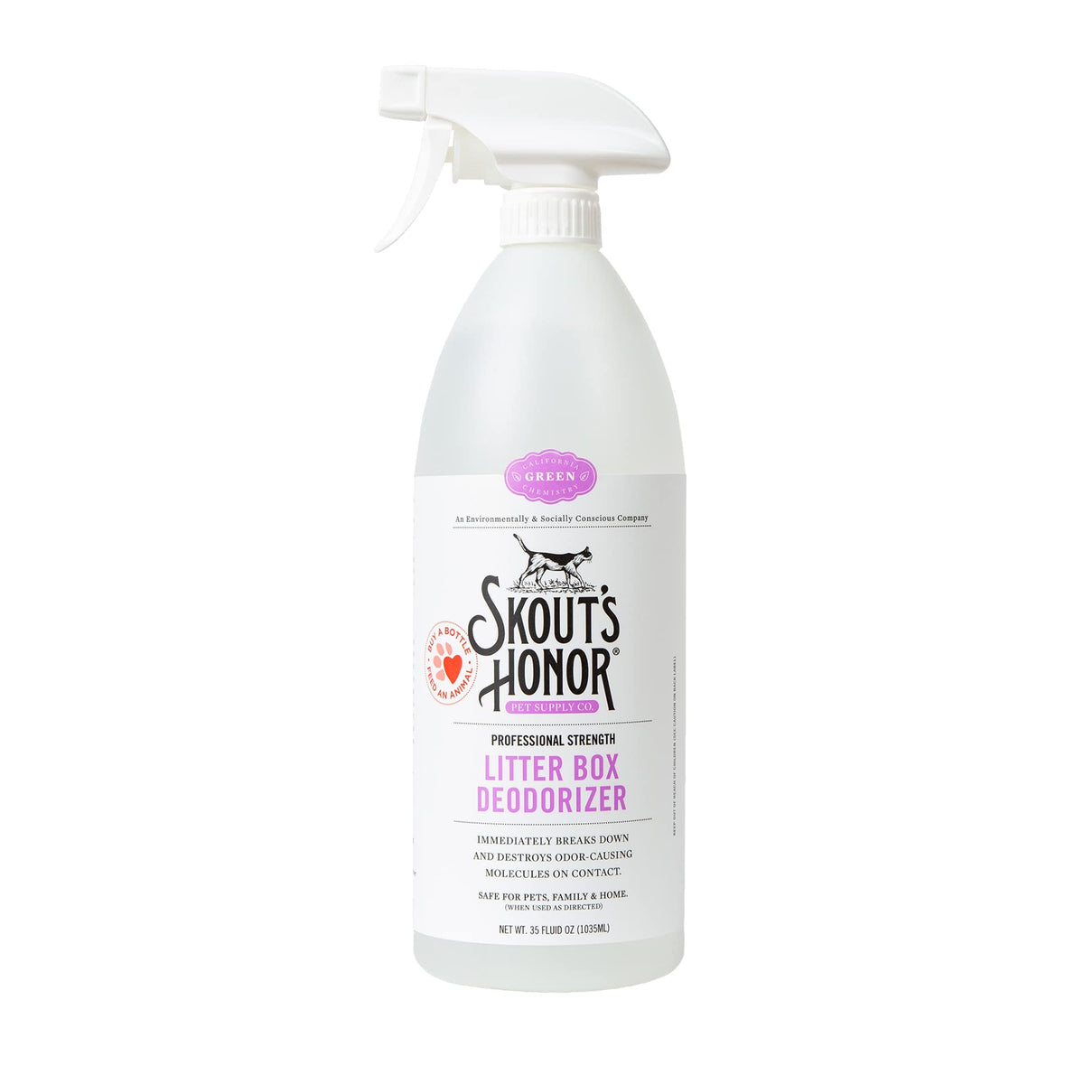SKOUT'S HONOR cat litter deodorizer spray bottle reduces odors quickly for cleaner litter areas.
